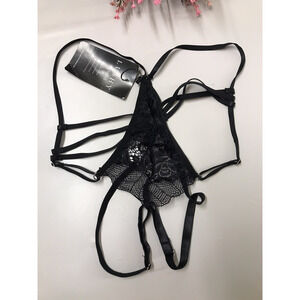 NWT Lushy Intimates Lace Women's Strappy Ring Thong Black Lingerie Panty